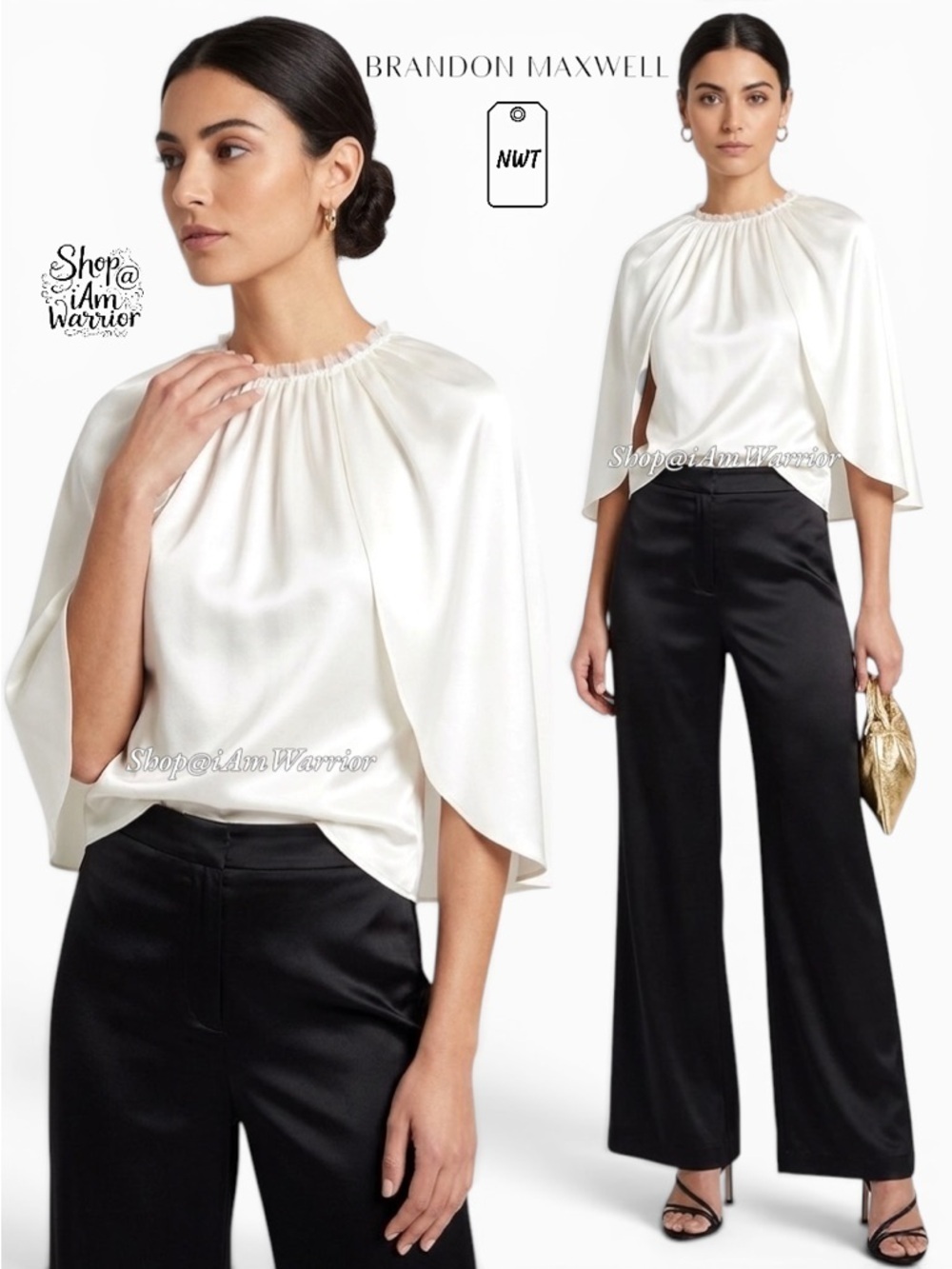 Brandon Maxwell NWT ivory silk charmeuse angel cape blouse *shop@iamwarrior